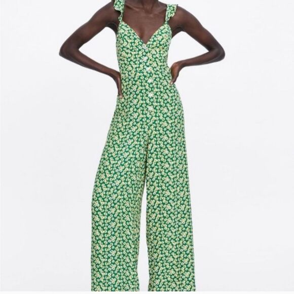 Zara Green Ditsy Floral Button Front Smocked Back Wide Leg Jumpsuit M (T20) - Picture 1 of 14